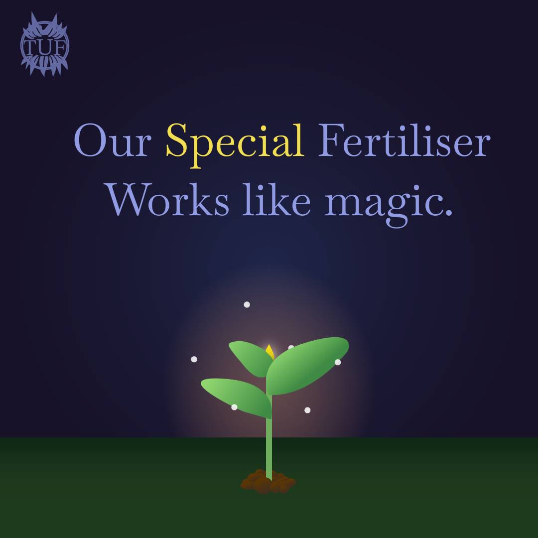 Image of Advertisement for TUF. Has a glowing, flourishing sapling that has Tabatha's Ultimate Fertilizer around it with the words,'Our Special Fertilizer, works like magic'