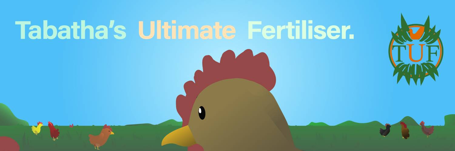 Image of Banner for TUF's brand, feauturing a chicken and a valley of other chickens roaming freely and healthy
