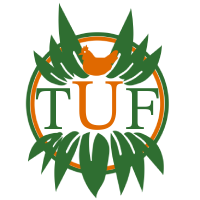 Image of Logo for Tabatha's Ultimate Fertilizer, initials TUF with a chicken situated ontop surrounded by foliage and in colors green and orange.